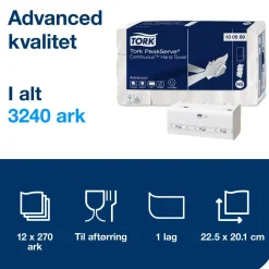 Papirhåndklæde Tork 100589 PeakServe hvid Advanced 270 ark pr pakke - 12 pakker