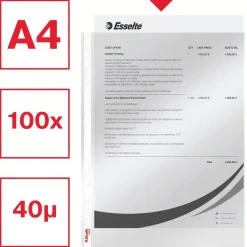 Plastlommer Esselte Pocket glass clear 40my A4 TO (100) - Køb minimum 20 stk.