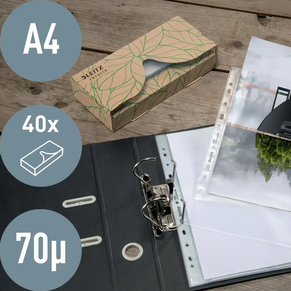 Plastlommer Leitz recycle AtHand 70my PP præg A4 TÅ (40)