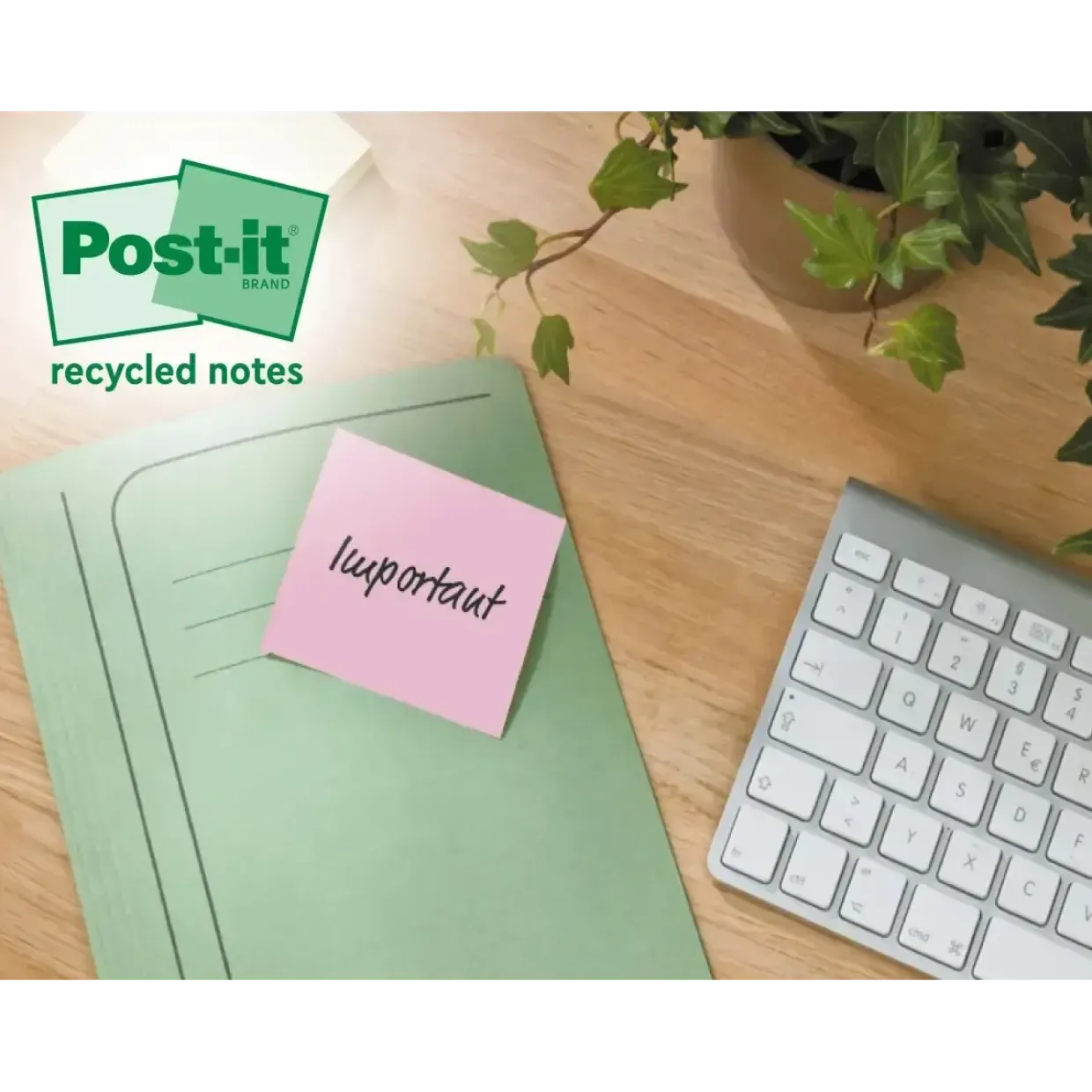 Post-it Notes – Super Sticky Recycled – 47,6×47,6 mm – Assorterede farver – 12 blokke – 24 stk