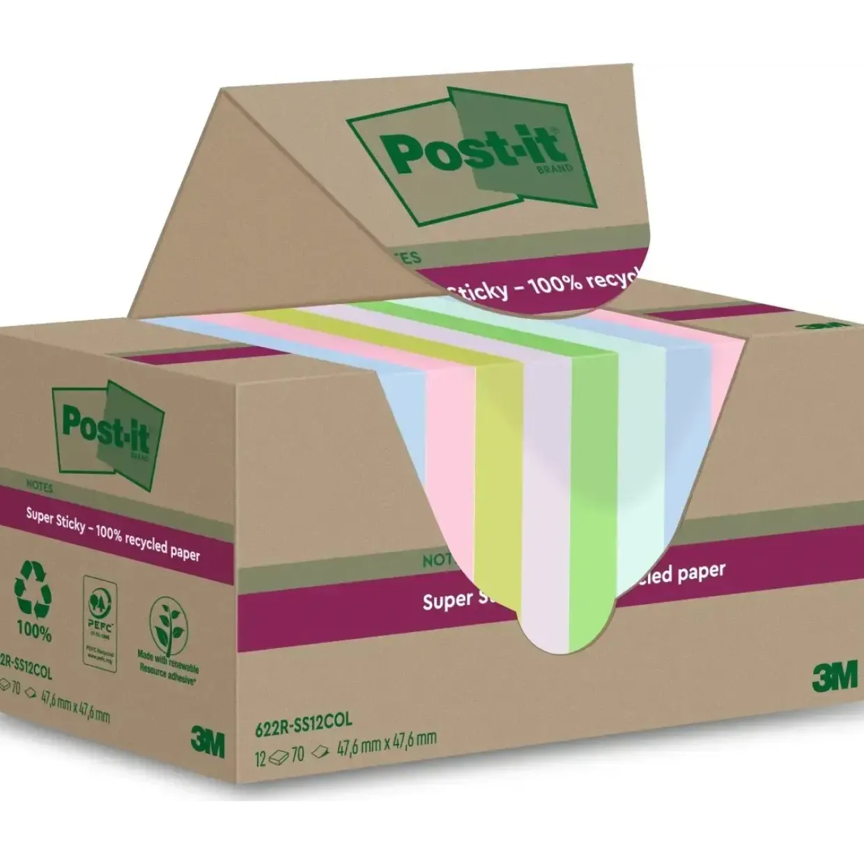 Post-it Notes – Super Sticky Recycled – 47,6×47,6 mm – Assorterede farver – 12 blokke – 24 stk