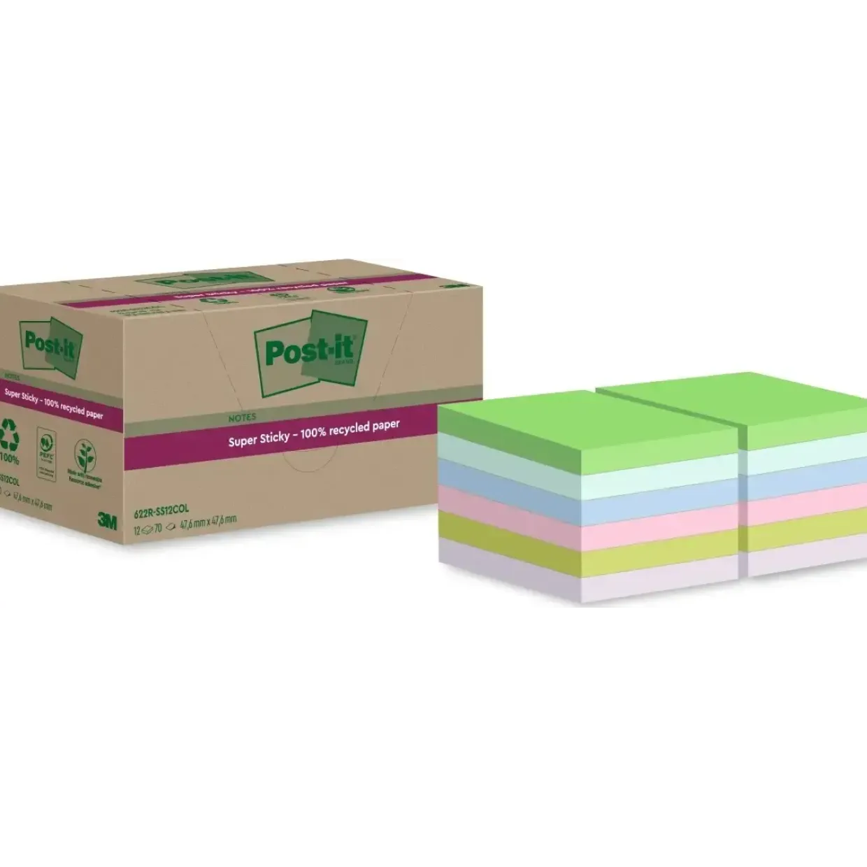 Post-it Notes – Super Sticky Recycled – 47,6×47,6 mm – Assorterede farver – 12 blokke – 24 stk