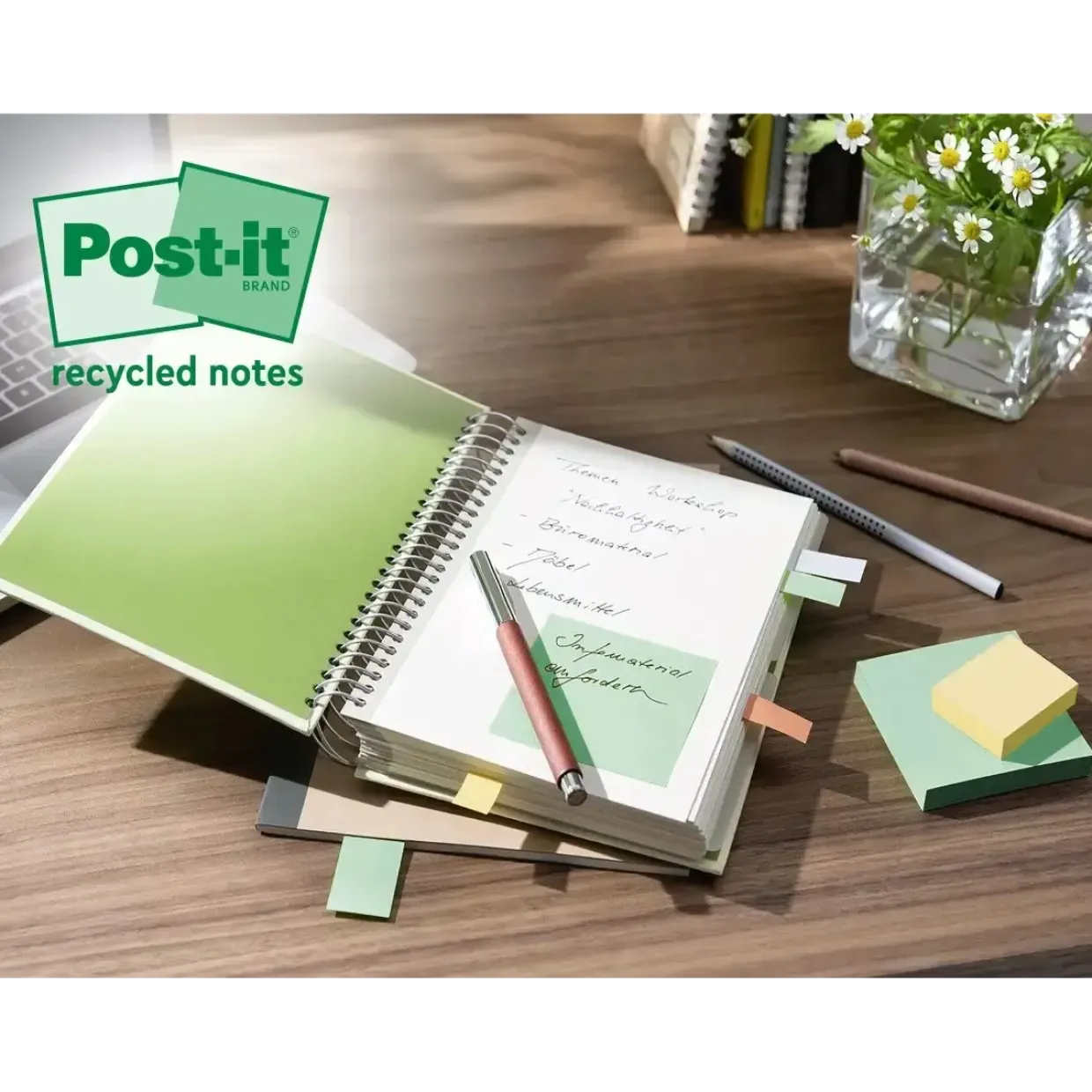 Post-it Notes – Super Sticky Recycled – 47,6×47,6 mm – Assorterede farver – 12 blokke – 24 stk