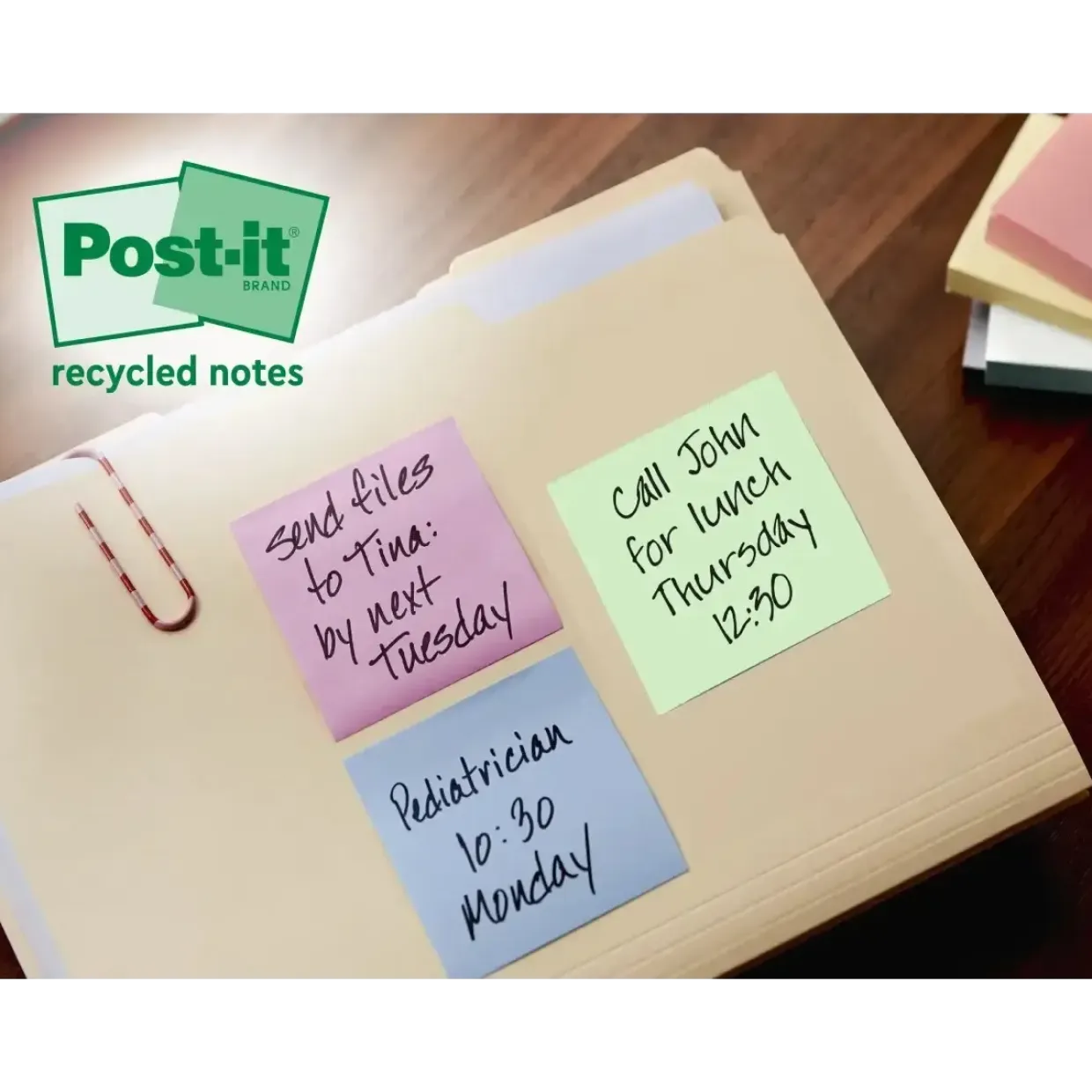 Post-it Notes – Super Sticky Recycled – 47,6×47,6 mm – Assorterede farver – 12 blokke – 24 stk