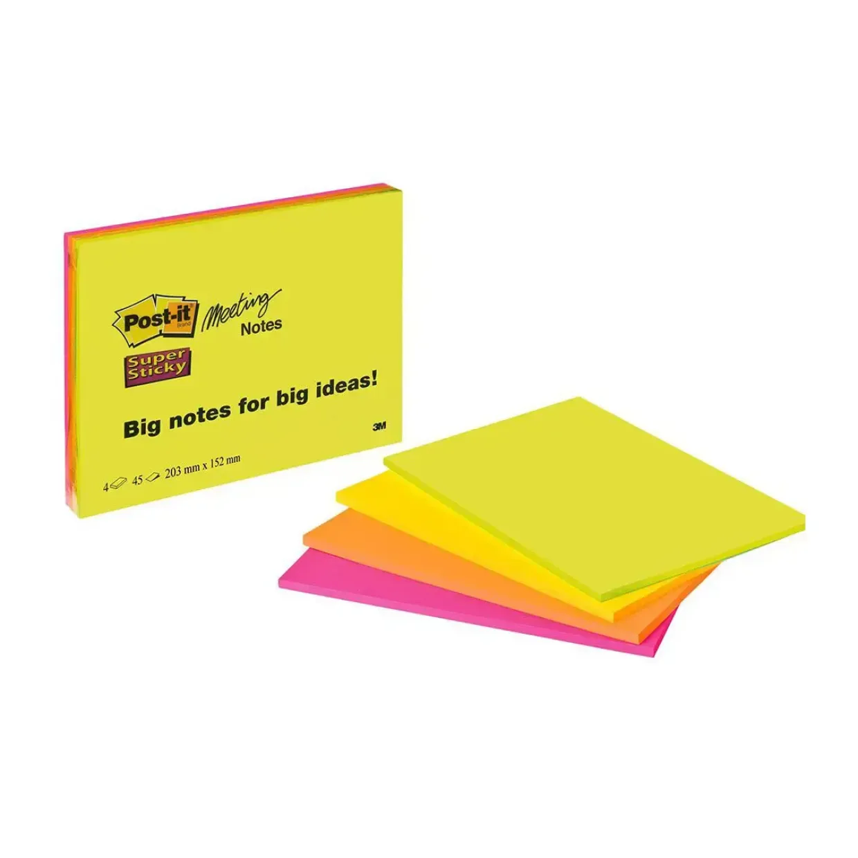 Post-it - Super Sticky Mødeblok 203x152mm - Neon assorterede farver - 4 blokke