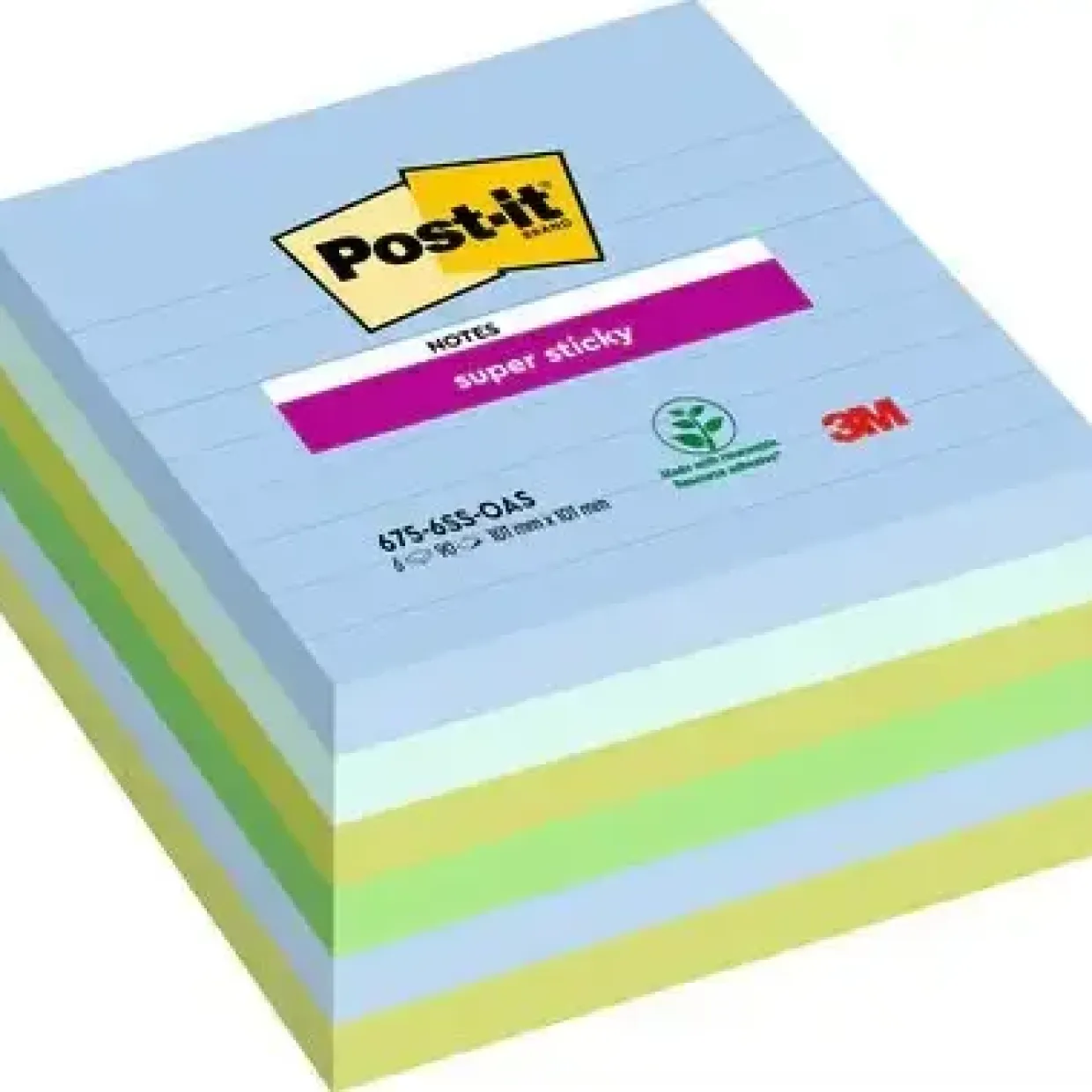 Post-it® Super Sticky Notes linjerede 101 mm x 101 mm 90 ark pr. blok - 6 blokke Oasis farver