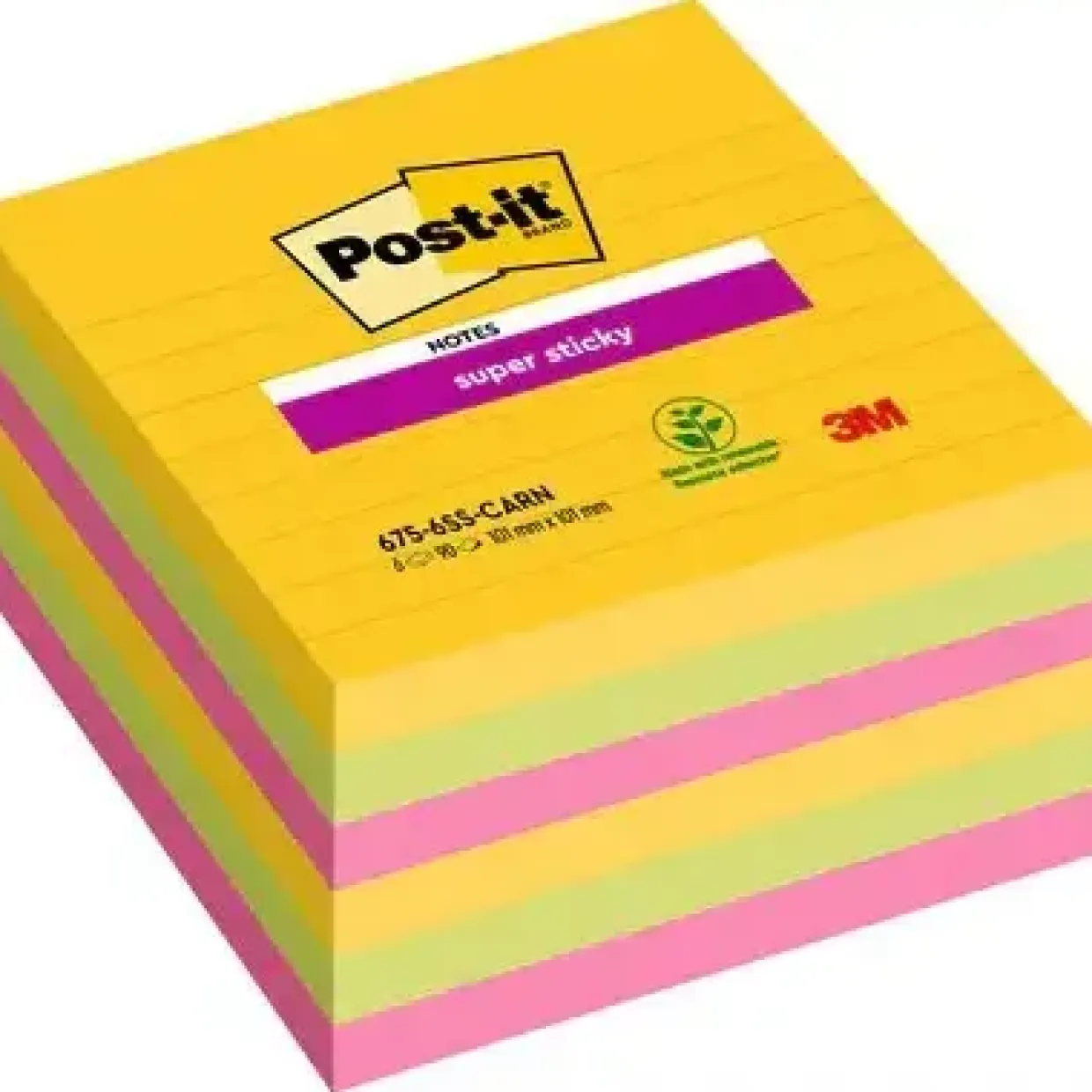 Post-it® Super Sticky Notes linjerede 101 mm x 101 mm 90 ark pr. blok Carnival farver