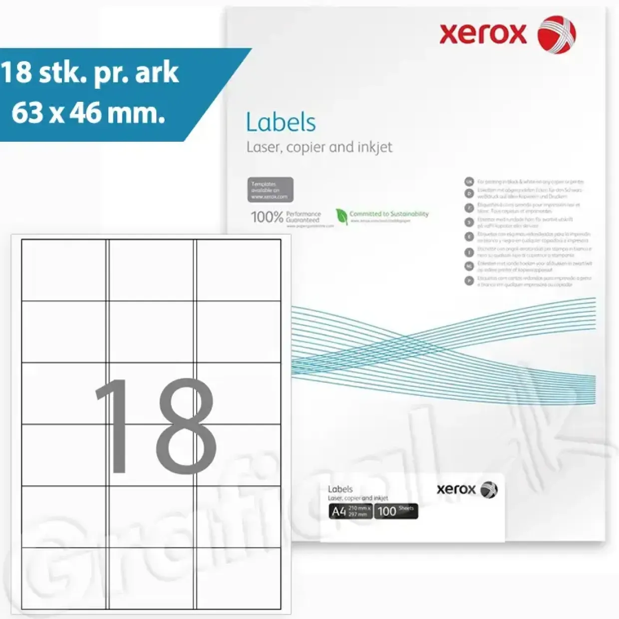 Print selv etiketter - Xerox - 18 pr. ark 63,5 x 46.6 mm 003R96297 - 100 ark