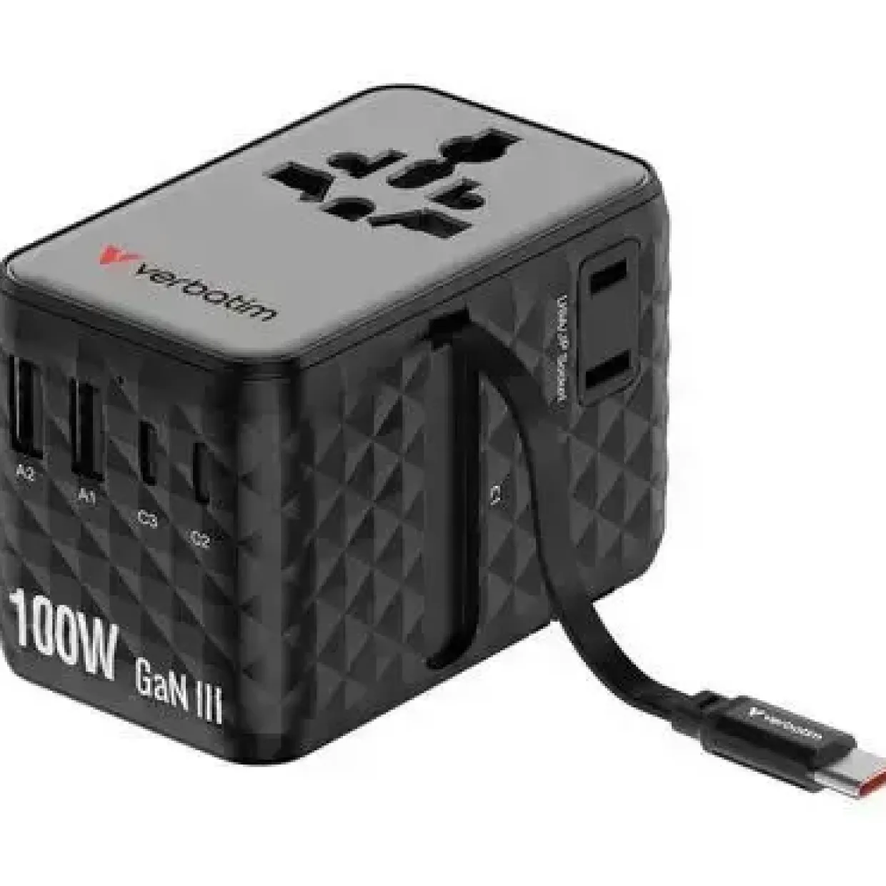 Rejseoplader - Verbatim - 100W - USB-C - Udtrækkeligt kabel - Sort