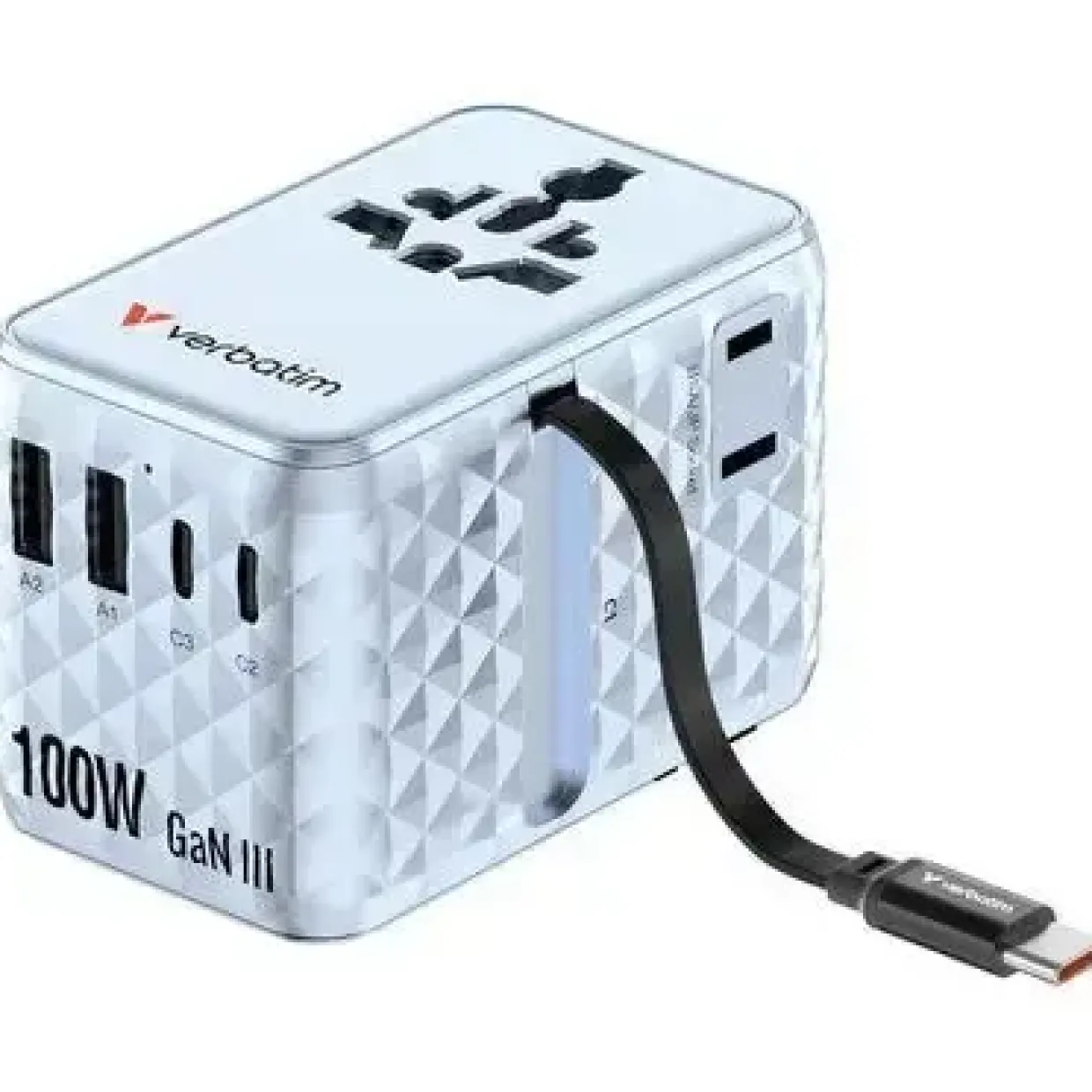 Rejseoplader - Verbatim - 100W - USB-C - Udtrækkeligt kabel - Blå