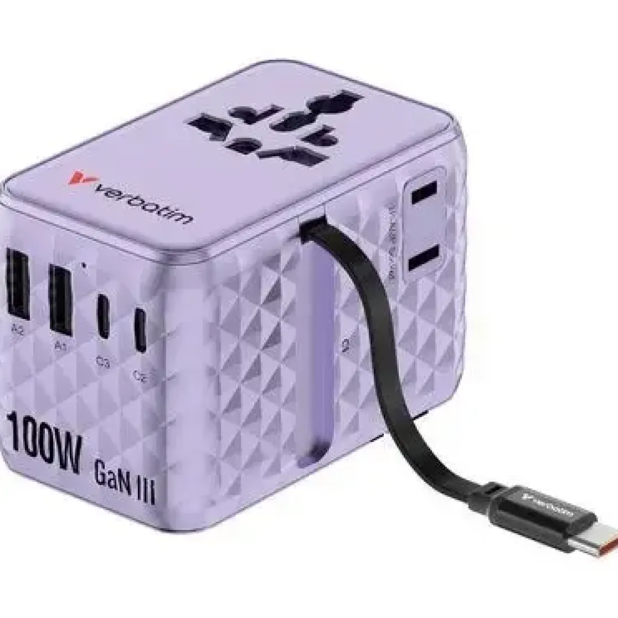 Rejseoplader - Verbatim - 100W - USB-C - Udtrækkeligt kabel - Lilla