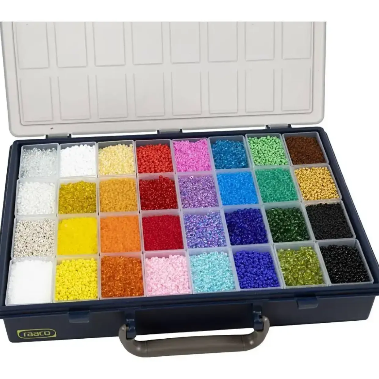 Rocailles perler hulstr. 0,5-1 mm, inkl. Raaco opbevaringsæske, 32x100g