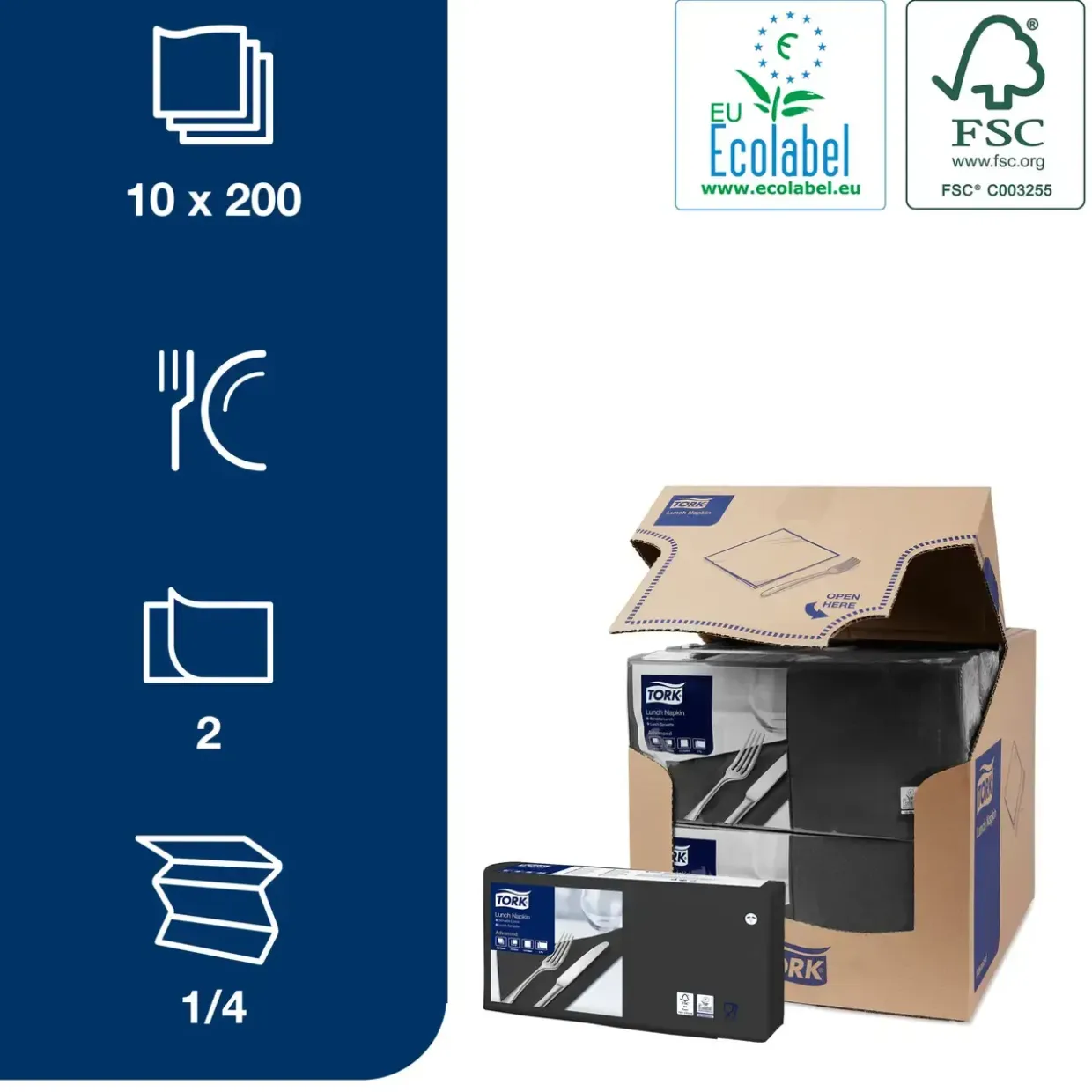 Serviet Tork 2-lags 477148 sort 33 x 33 cm 1|4 fold - 2000 stk