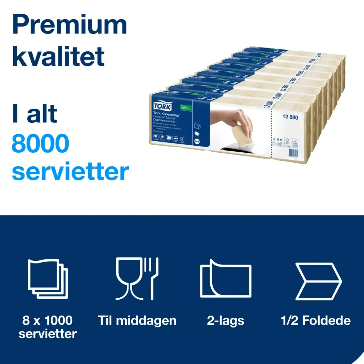 Serviet - Tork Premium N4 12880 - 2-lags - Natur - 33 x 21,3 cm - 8000 stk