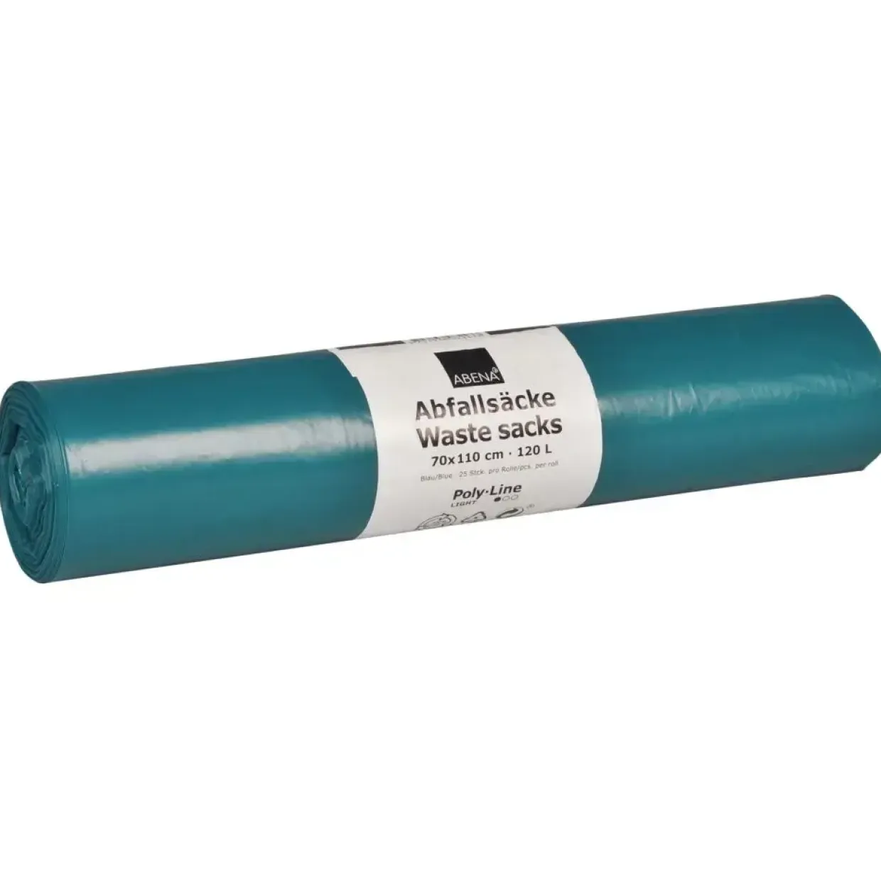 Sække Abena Poly-Line 120 L blå LDPE regenerat 70x110cm med tryk - 25 stk pr rulle - 10 ruller