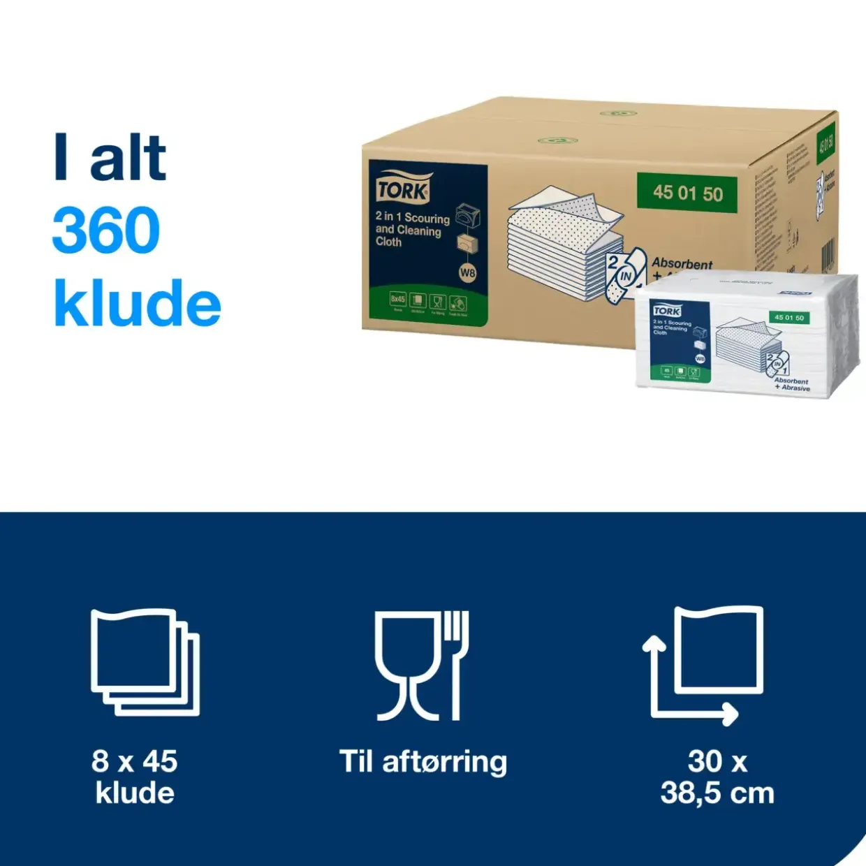 Skure- og Aftørringsklud - Tork - 450150 - 2-i-1 - W8 - 38,5x30cm - 360ark/kar