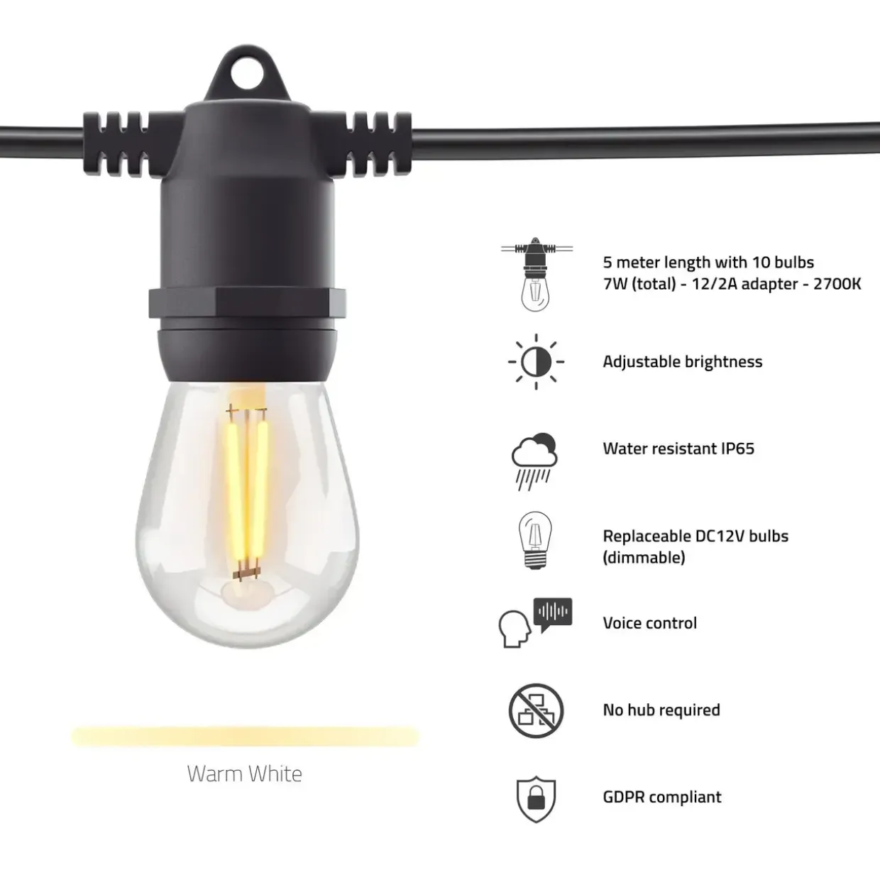 Smart lyskæde - Hombli Smart Outdoor Light String - 5 m - Varm hvid - 10 pærer