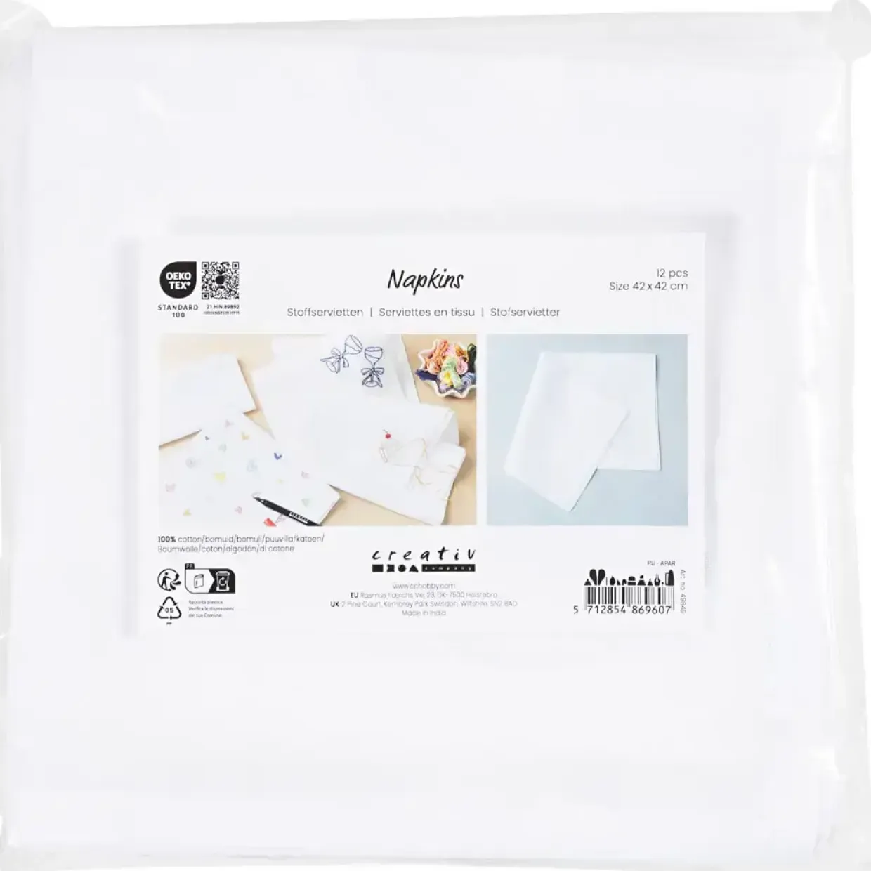 Stofservietter | str. 42x42 cm, 145 g, hvid | 12 stk./ 1 pk.