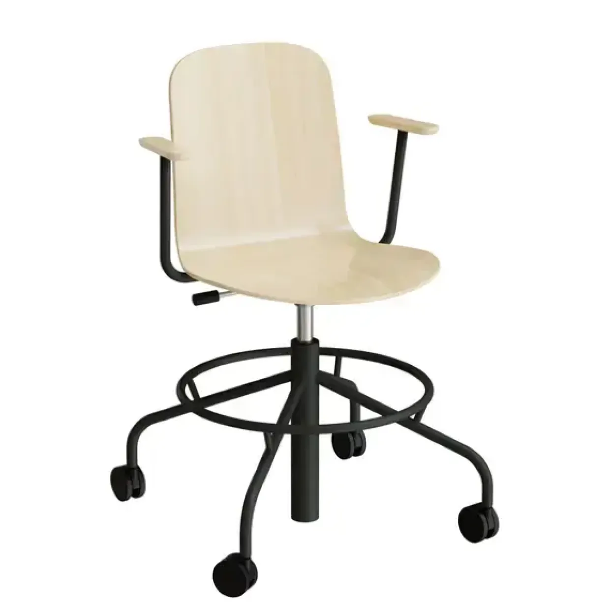 Stol ADD 5903, Fodkryds, hjul og armlæn, Hvidpigmenteret eg laminat, Sortoliven stel