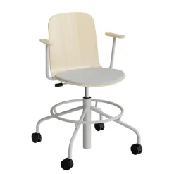 Stol ADD 5903, Fodkryds, hjul og armlæn, Birk laminat, Sæde med gråt tekstil, Alugråt stel