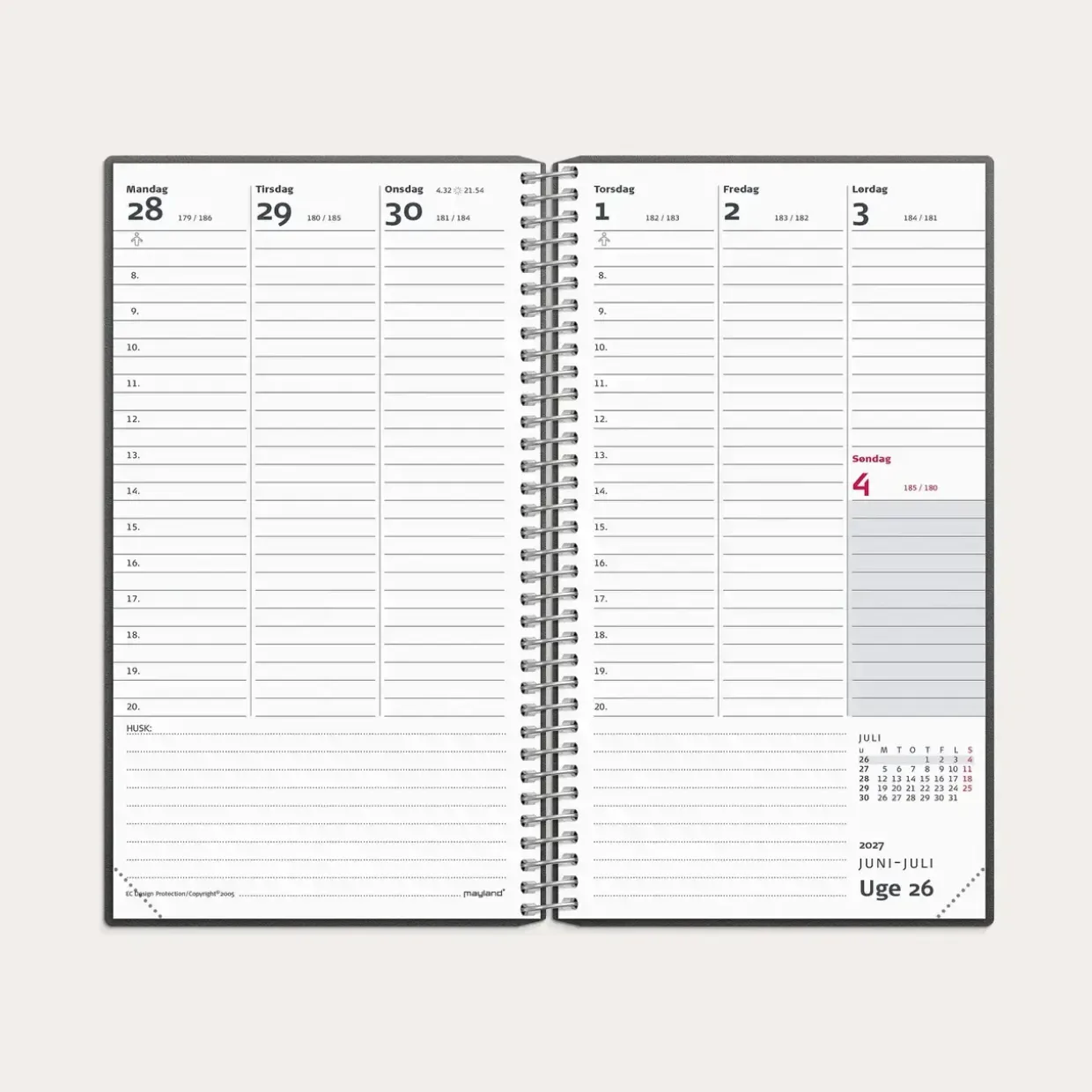 Studie Lille Lærerkalender 172 x 110mm - matsort genbrugskarton spiral 2026/2027 - 27814000