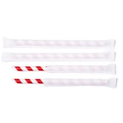 Sugerør Ø12x200 mm uden knæk enkeltpakket m/spids Bionedbrydelig Papir Rødstrib - 100 stk/ps