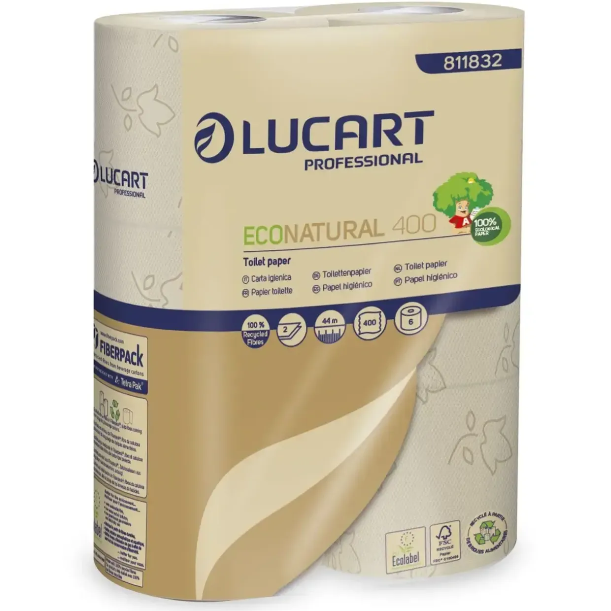 Toiletpapir Lucart EcoNatural 2-lag Ø12cm L44mxB9.6cm Genbrugsfiber Natur - 5 pk x 6 rl/krt