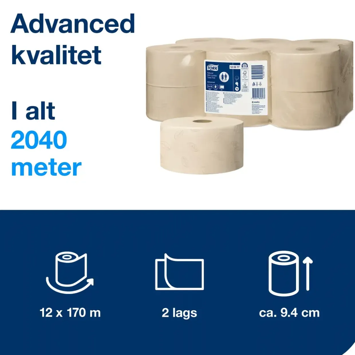 Toiletpapir Mini Jumbo - Tork 120377 Advanced T2 - 170m - 12 ruller
