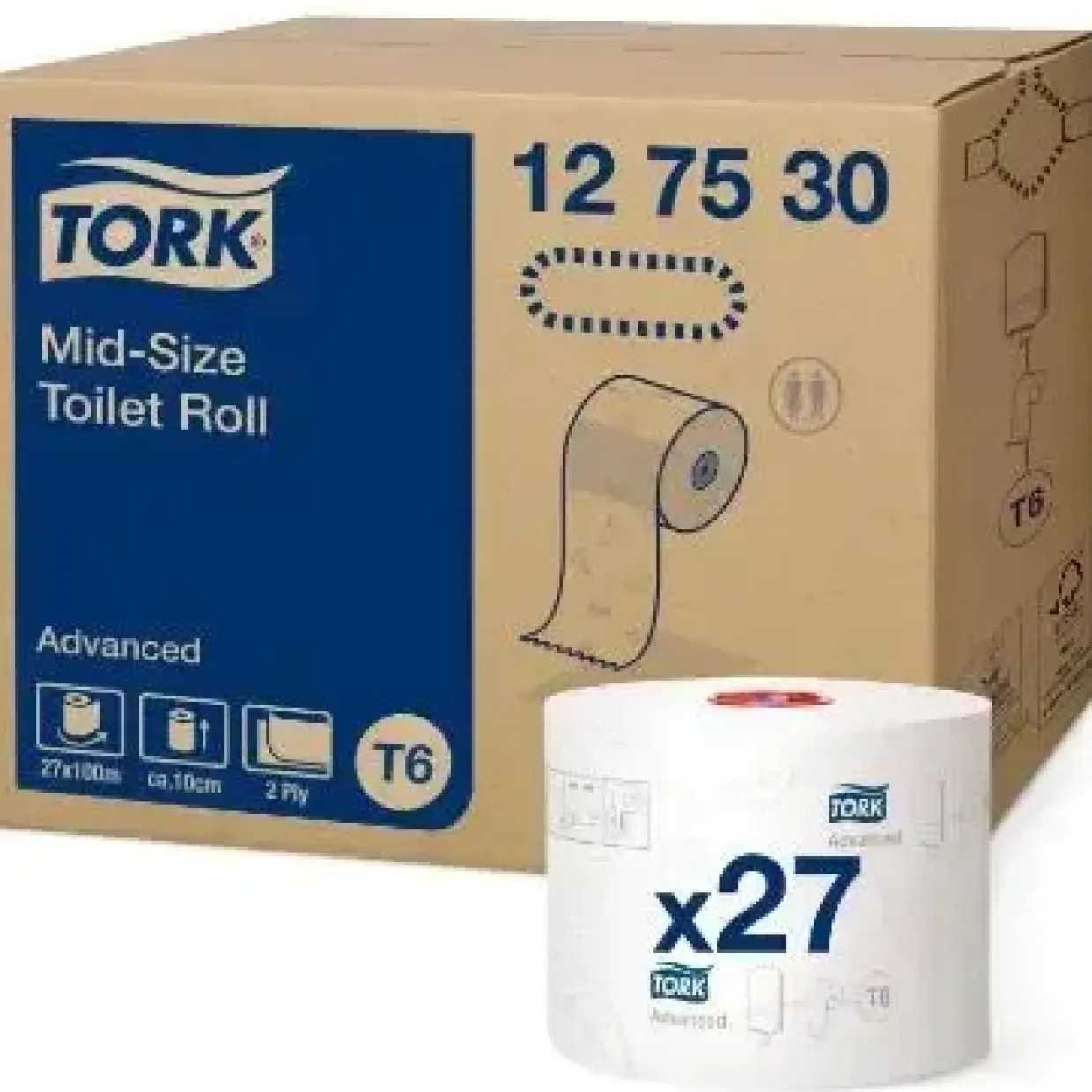 Toiletpapir Tork 127530 Advanced T6 Mid-size 2-lag 100m Hvid - 27 rl/krt