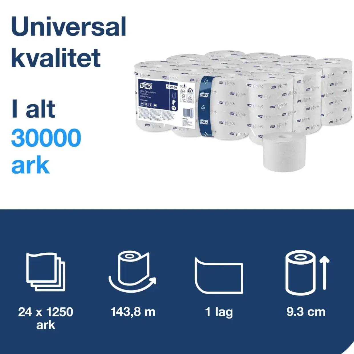 Toiletpapir Tork 472620 OptiServe T7 1-lags hvid u/hylse 143,8m - 24 ruller
