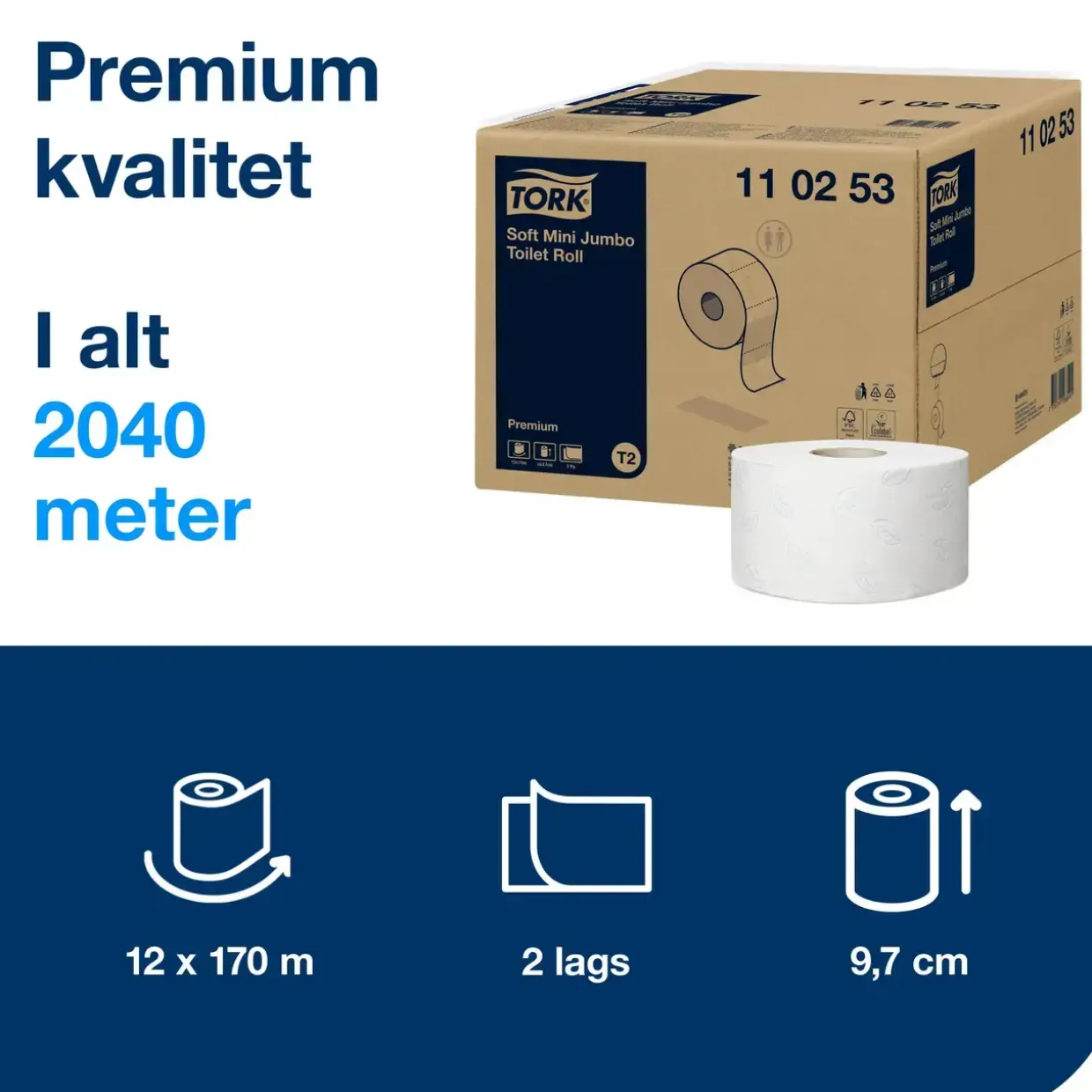 Toiletpapir - Tork 110253 Soft Jumbo Mini T2 - Premium - 2-lag - 170 meter - 12 ruller