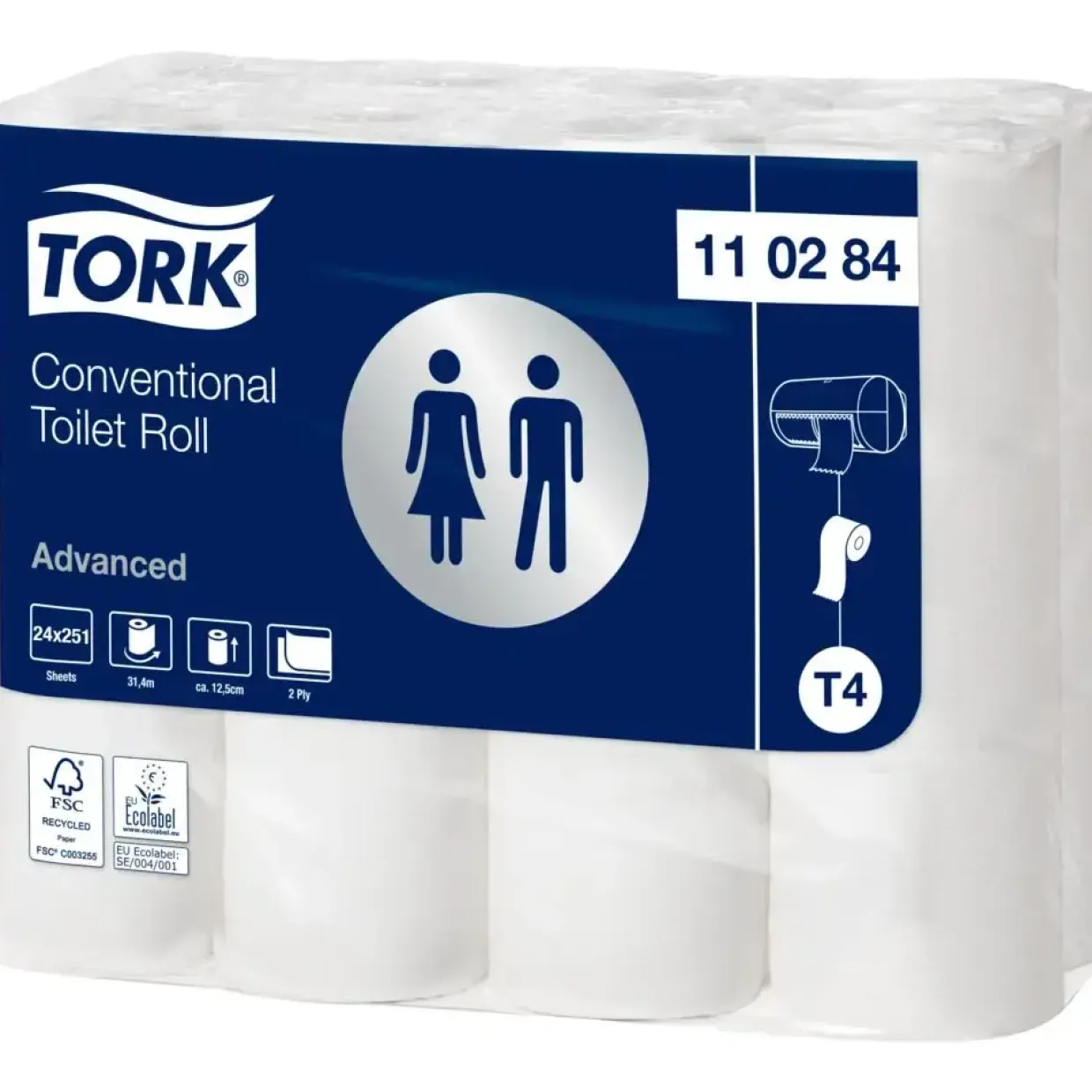 Toiletpapir Tork 110284 T4 Advanced 2-lags 31,4m x 9,9cm Ø10,4cm hvid blandingsfibre - 24 ruller