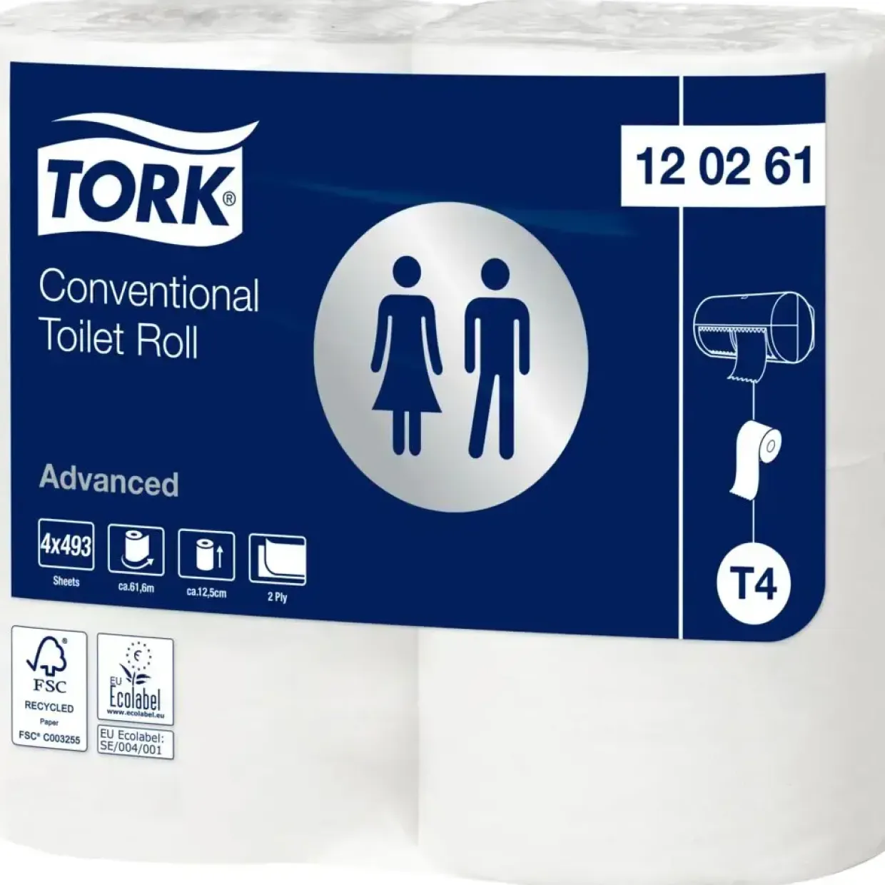 Toiletpapir - Tork 120261 - T4 Advanced - 2-lags - Ø12 cm - Hvid - 100% genbrugspapir - 6 pakker