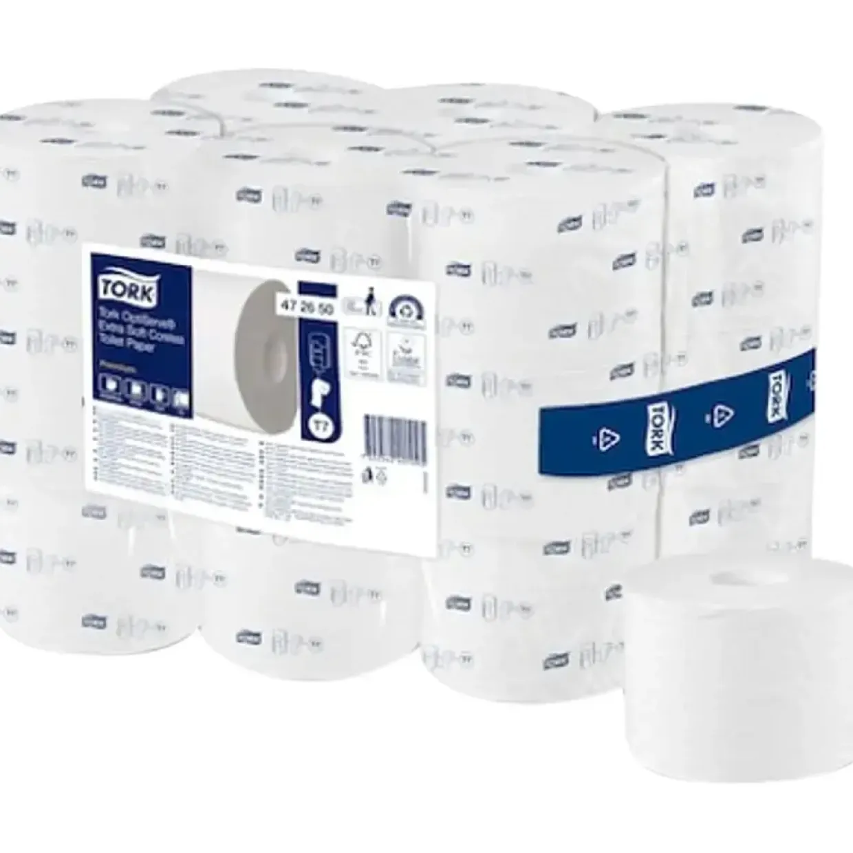 Toiletpapir, Tork 472650, T7, 3-lags, 63,2m x 9,3cm, Ø13,1cm, hvid, nyfiber, uden hylse - 18 stk