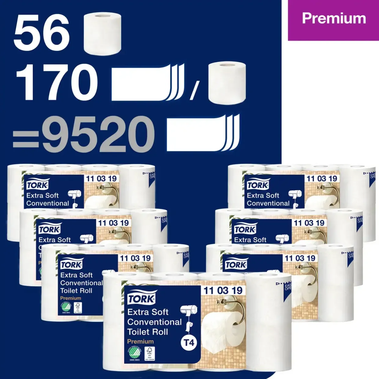 Toiletpapir - Tork 110319 T4 Premium - 3-lags - 19,1 m x 9,8 cm - Hvid - 56 ruller