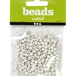 Træperler, dia. 5 mm, hulstr. 1,5 mm, hvid, 6g, ca. 180 stk.