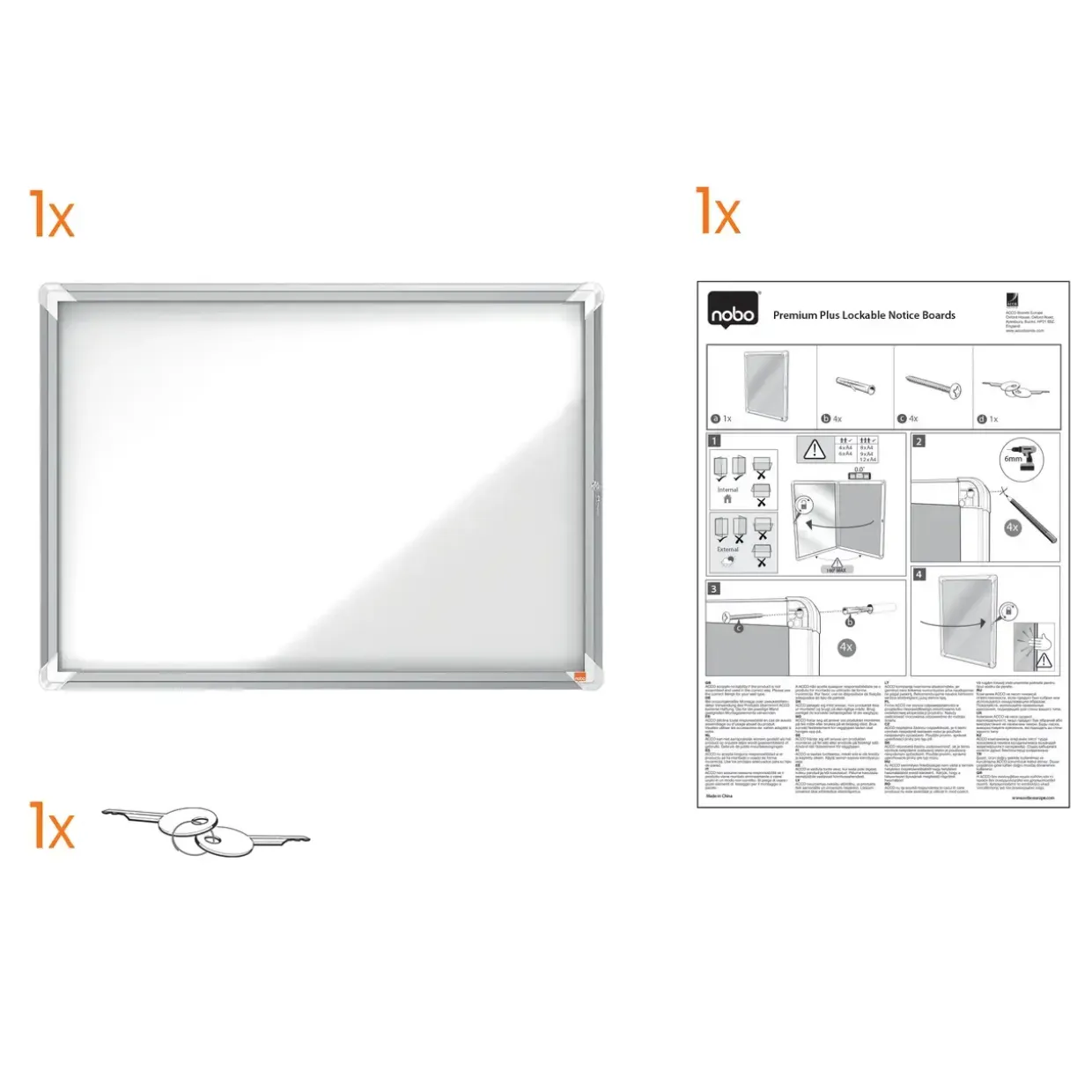 Udhængsskab - Nobo - Glas - 8xA4 - Hvid - Magnetisk og låsbart