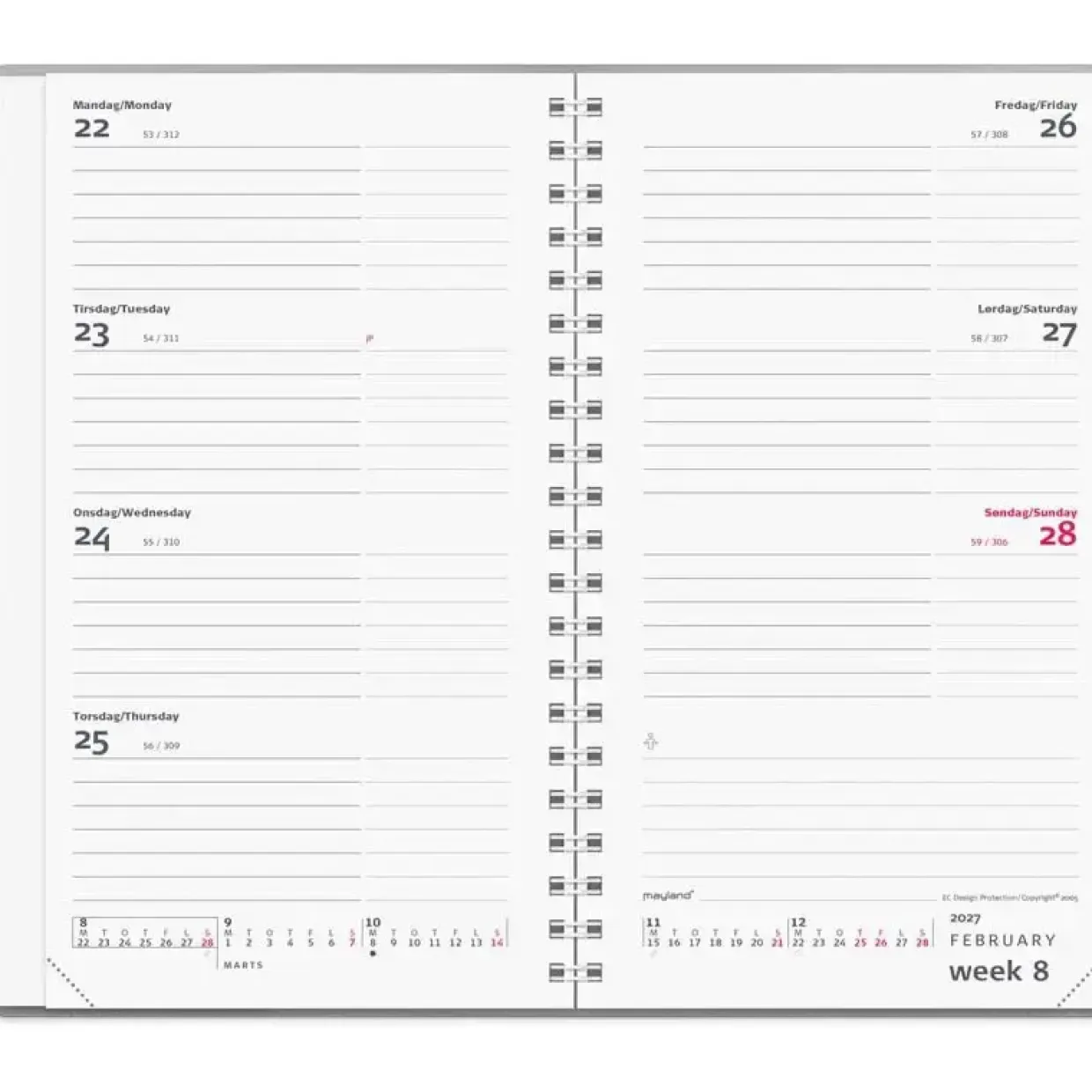Ugekalender International - 100x175mm - Tværformat - Spiral - Vinyl - Sølv - 2027 - Mayland - 27085400