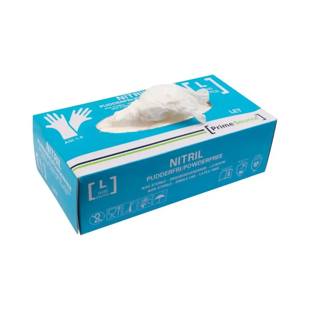 Undersøgelseshandske Prime Source str L uden Pudder Nitril AQL 1.5 Hvid - 10 pk x 200 stk/krt