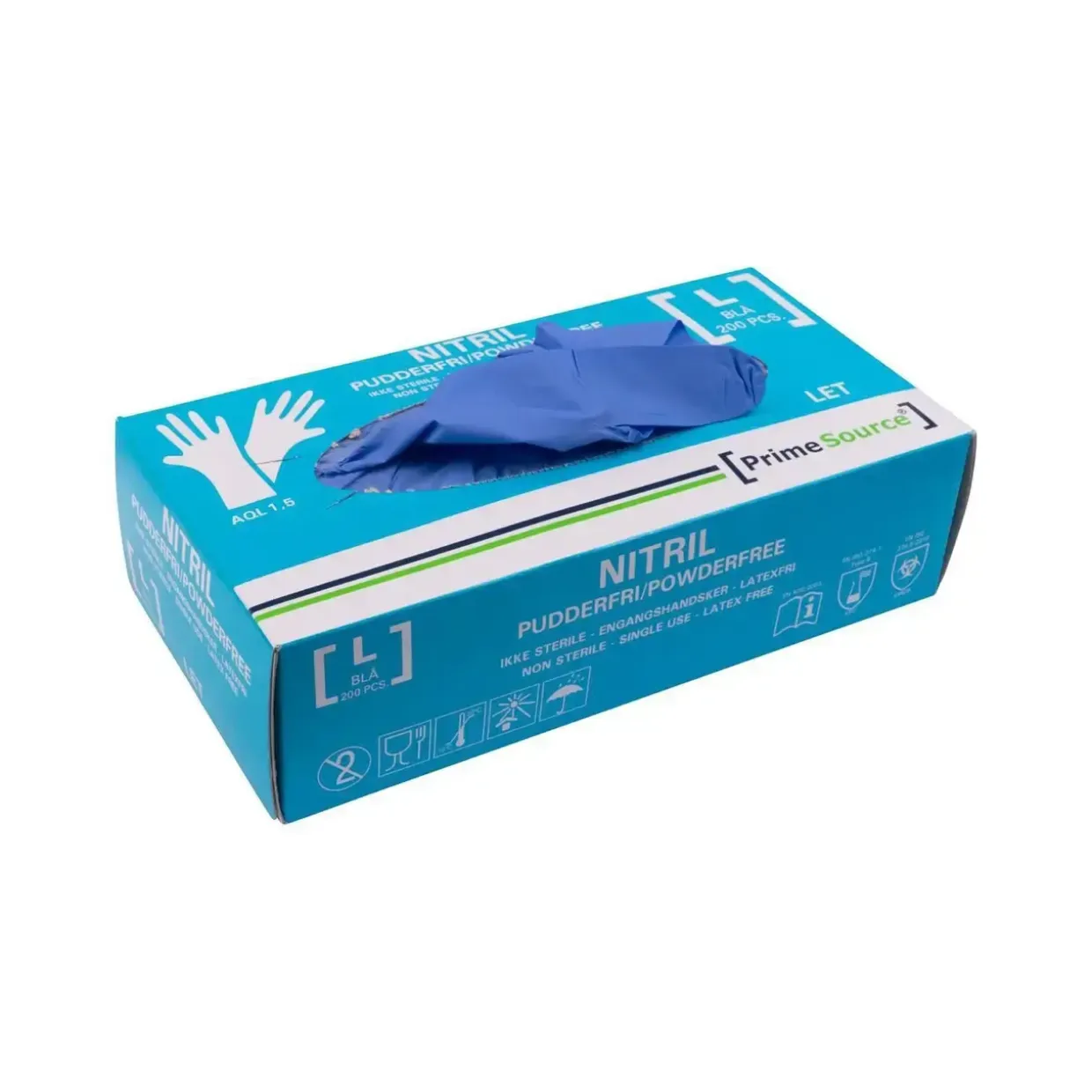 Undersøgelseshandske Prime Source str L uden Pudder Nitril AQL 1.5 Blå - 10 pk x 200 stk/krt