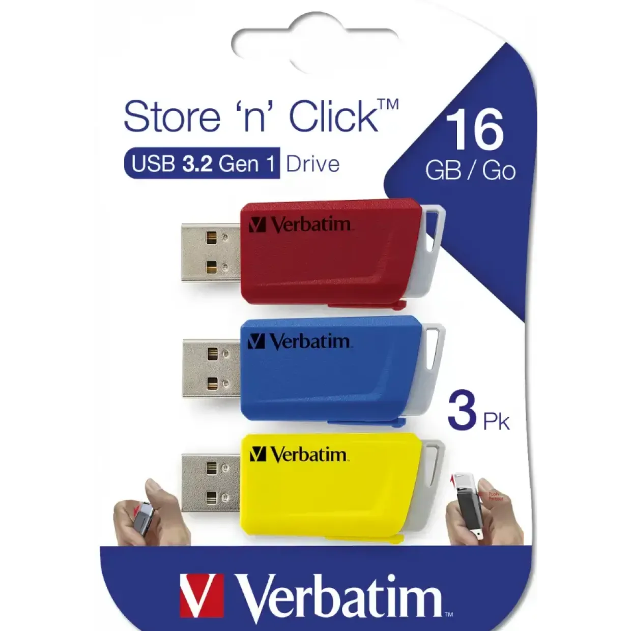 USB stik - Verbatim Store 'n' Click 16GB (3-pack) - Rød/Blå/Gul - USB 3.2 Gen 1