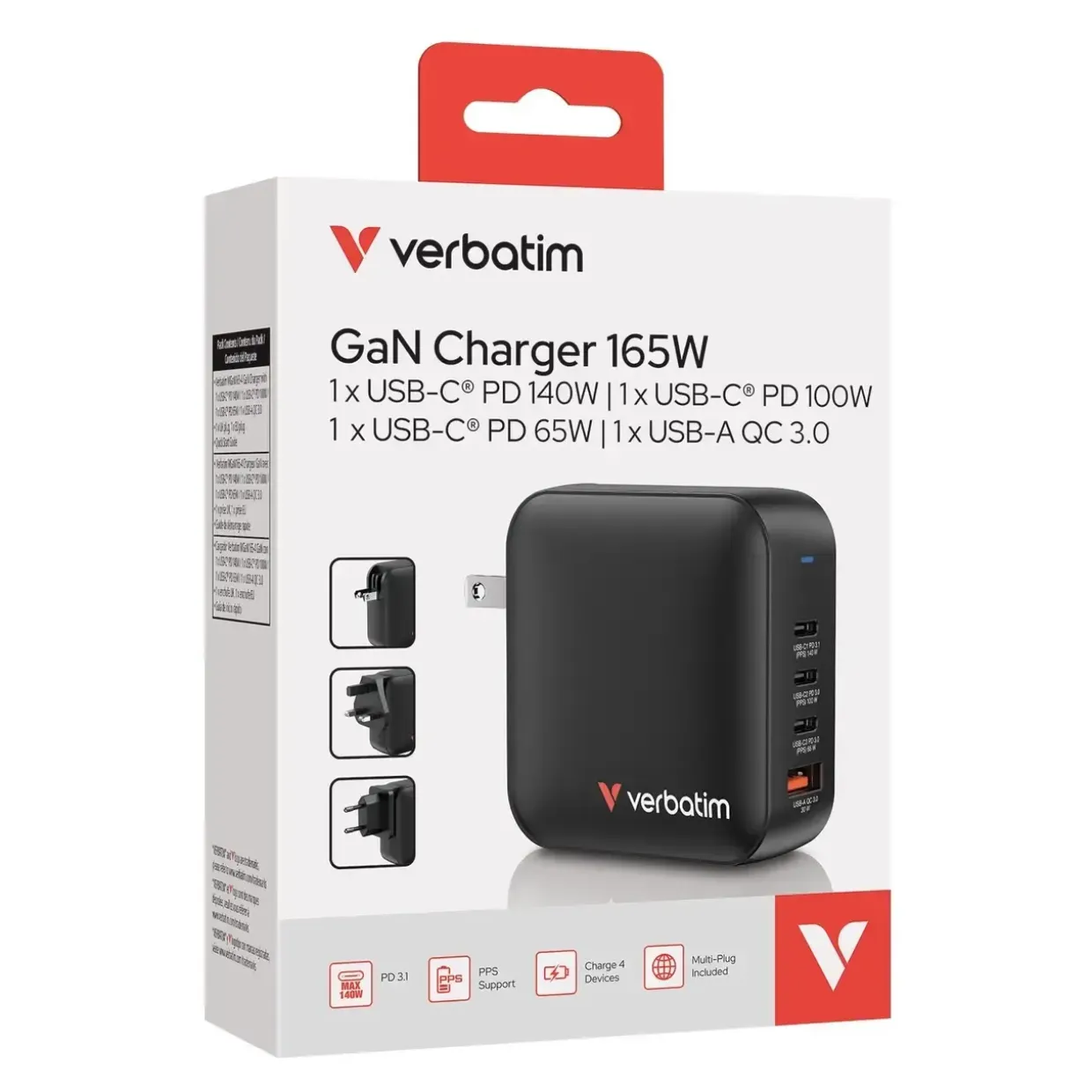 Verbatim Charger Mini GaN 165W 4 Port US/EU/UK ADP sort