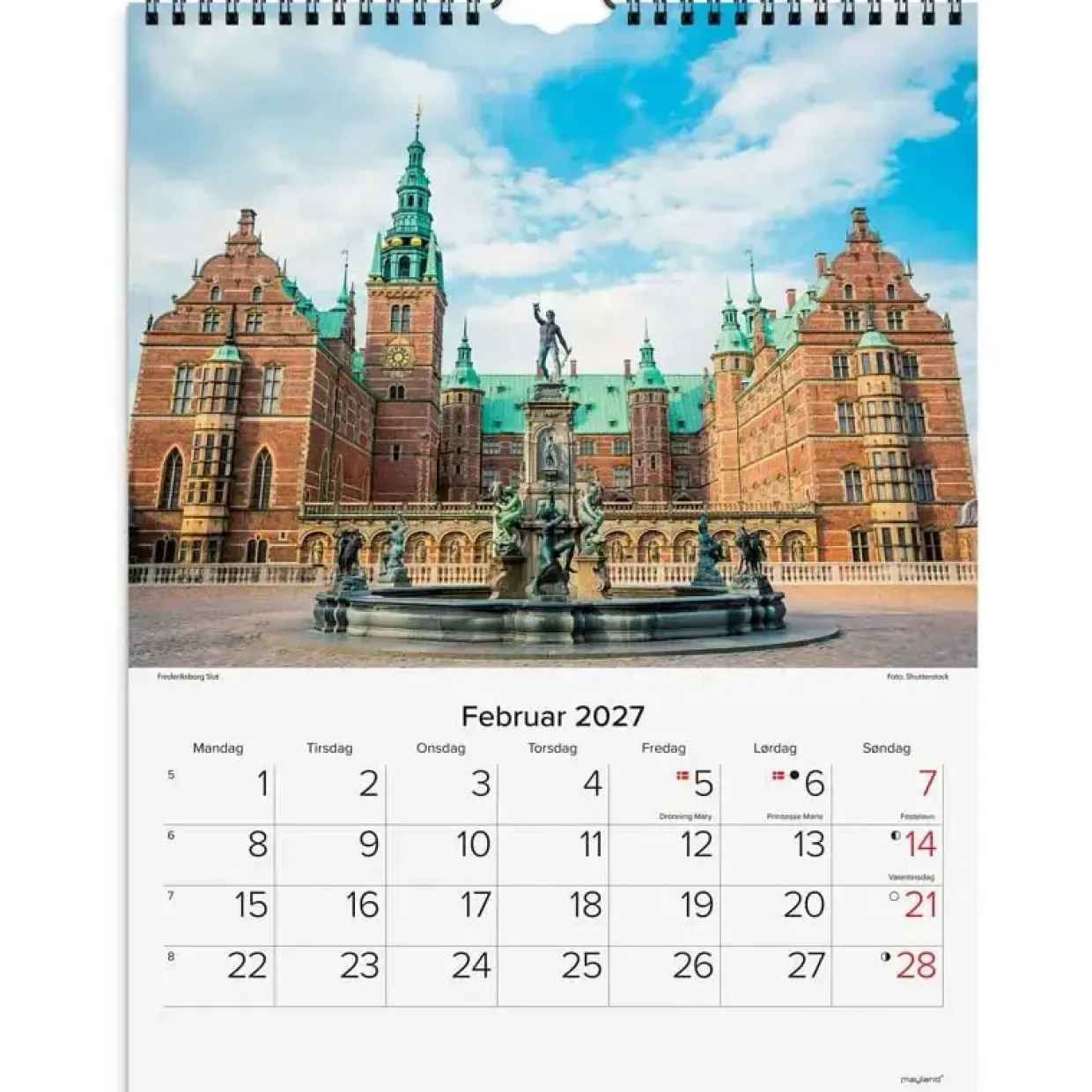 Vægkalender - Danske slotte - 296x393mm - Spiral - 2027 - Mayland - 27066200